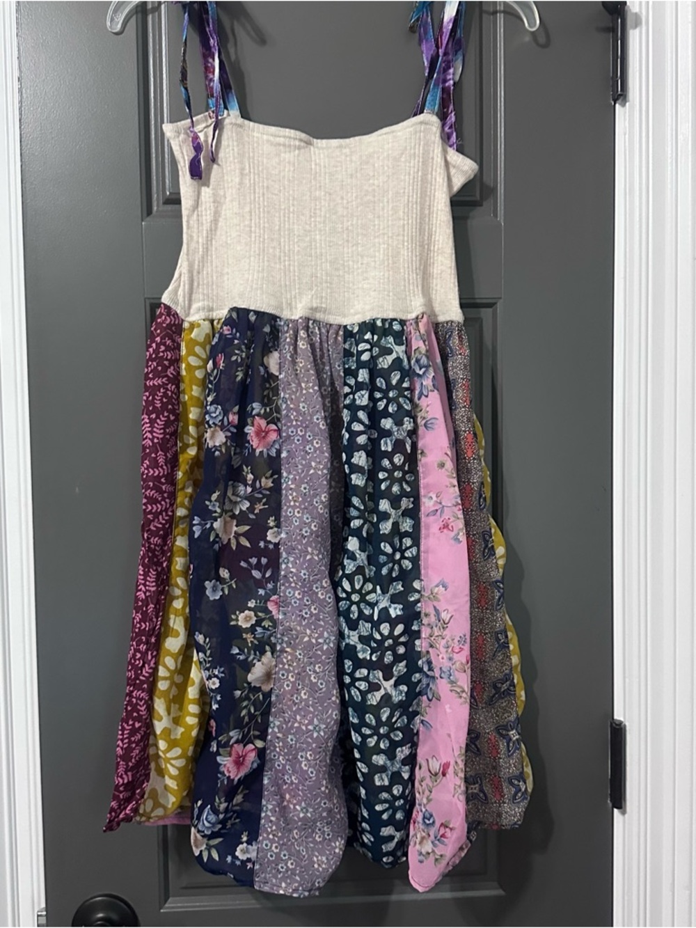 Young Threads Cream Ribbed Bodice Floral Patchwork Sundress with Tie Straps